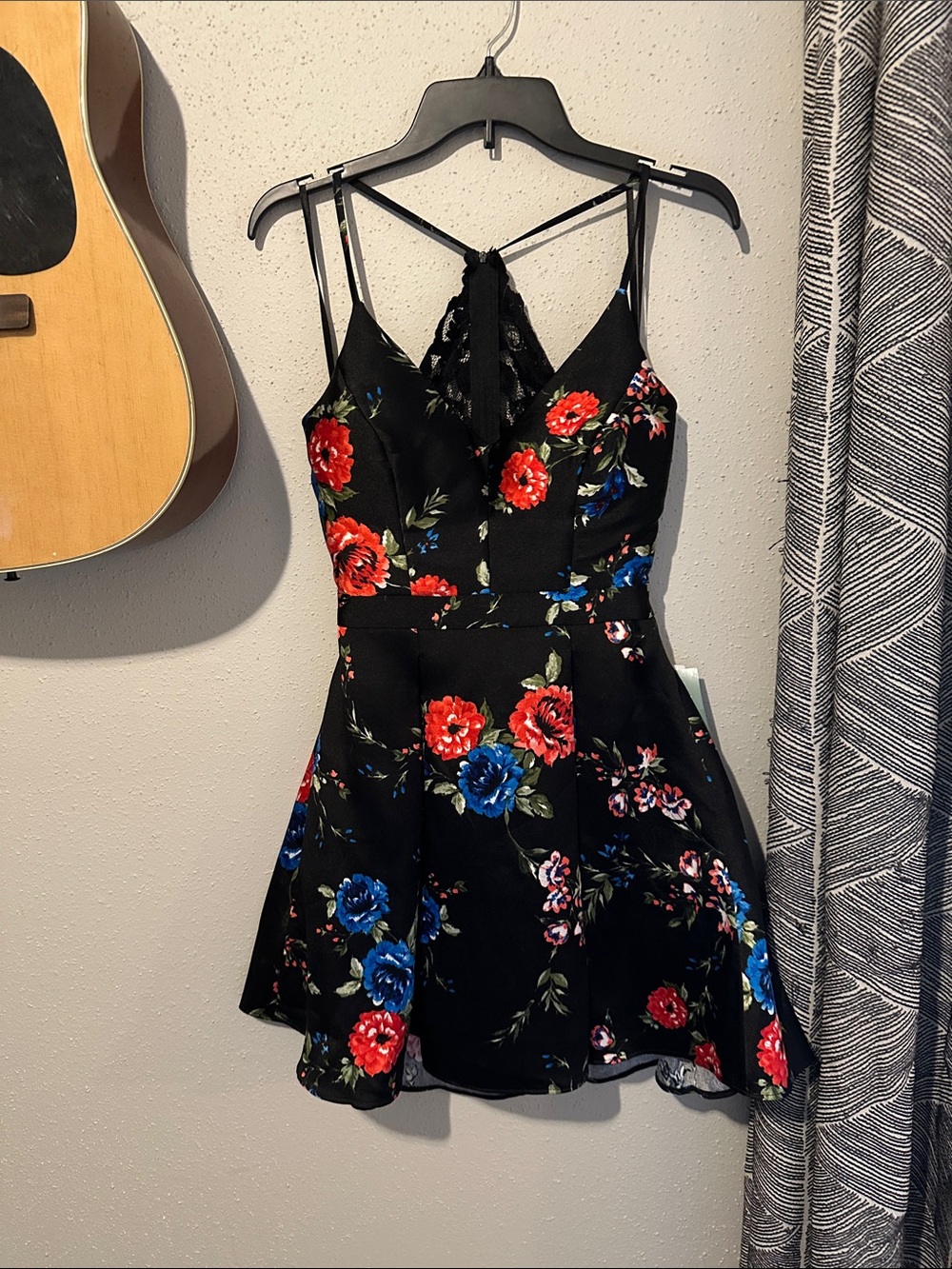 B. Smart Black Floral Mini Dress with Red & Blue Roses